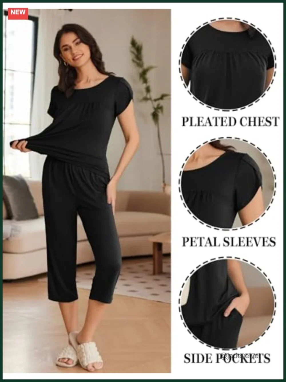 Capri Pajama Set Short Sleeve Mumu Pleated Top Capri Pants with Pockets